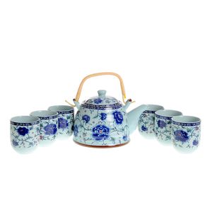 Set ceainic cu 6 cani bleu si imprimeu floral