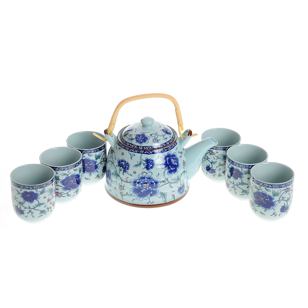 Set ceainic cu 6 cani bleu si imprimeu floral - 1 | YEO