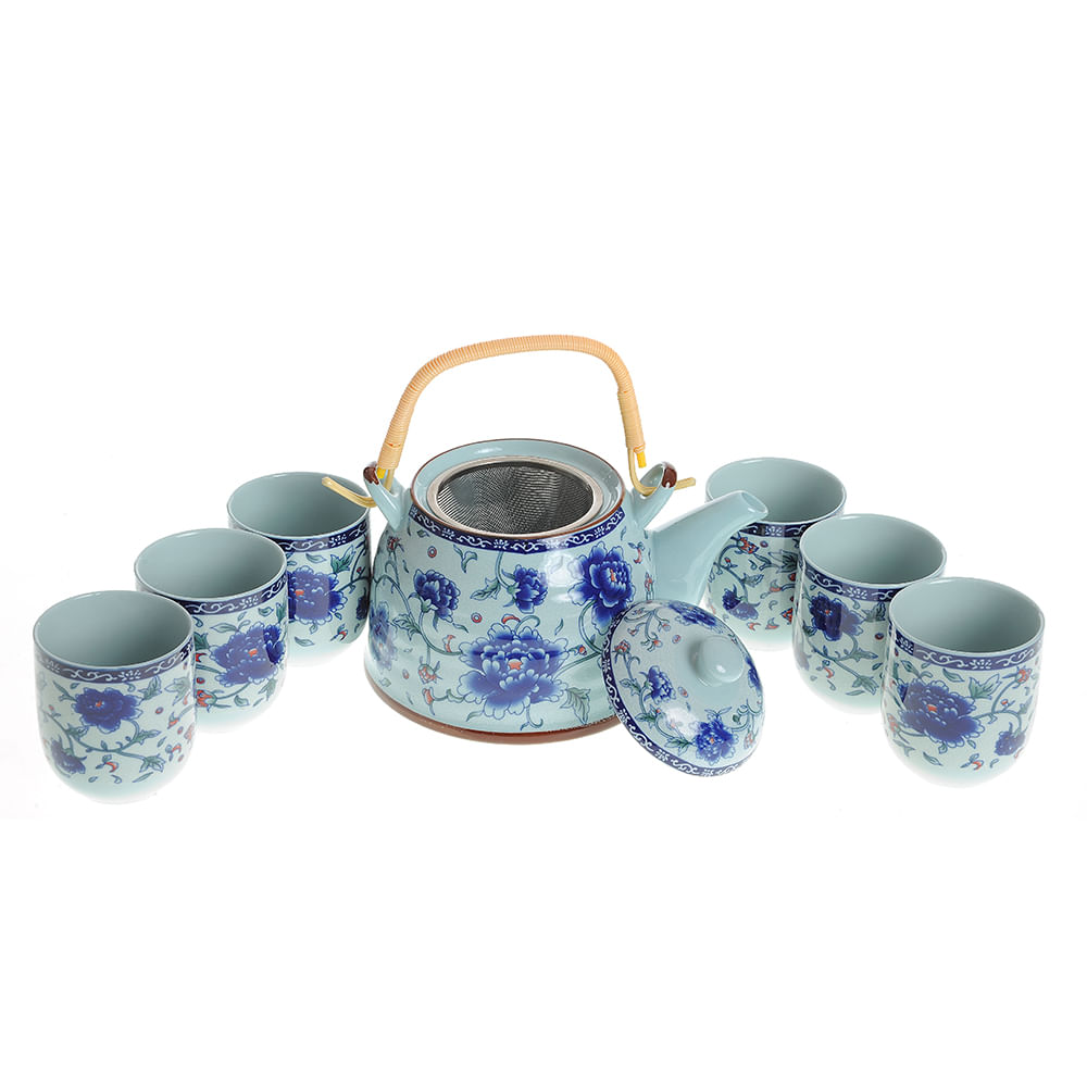 Set ceainic cu 6 cani bleu si imprimeu floral - 2 | YEO