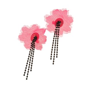 Cercei cu floare roz si lanturi negre