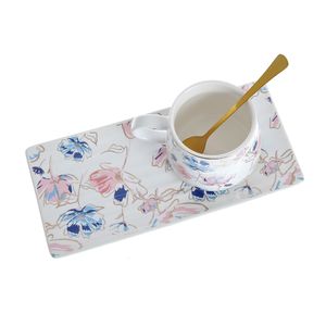 Set cana si farfurie cu flori din ceramica 220 ml