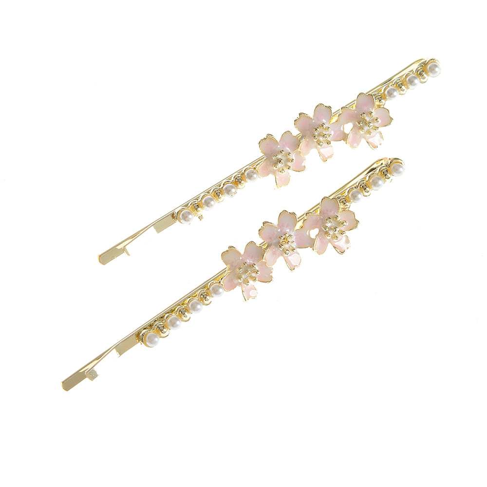 Set 2 agrafe aurii cu flori roz si perle acrilice