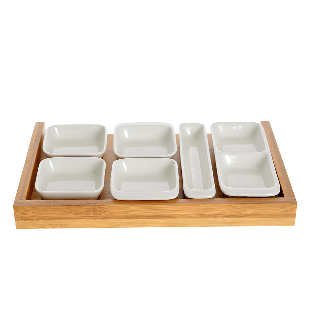 Set 6 recipiente din ceramica cu platou din bambus