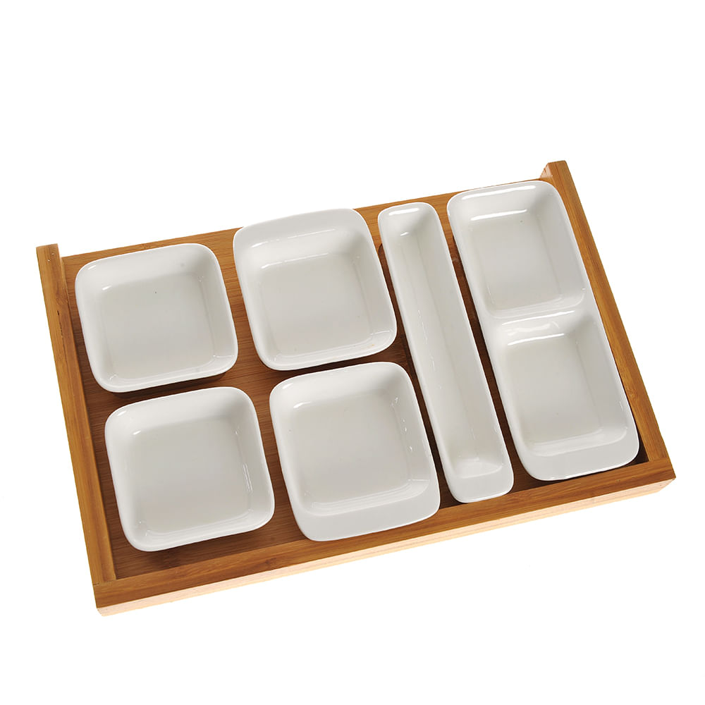 Set 6 recipiente din ceramica cu platou din bambus - 1 | YEO