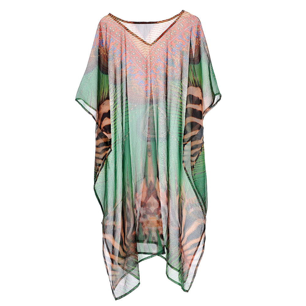 Poncho verde cu flori tropicale - 2 | YEO