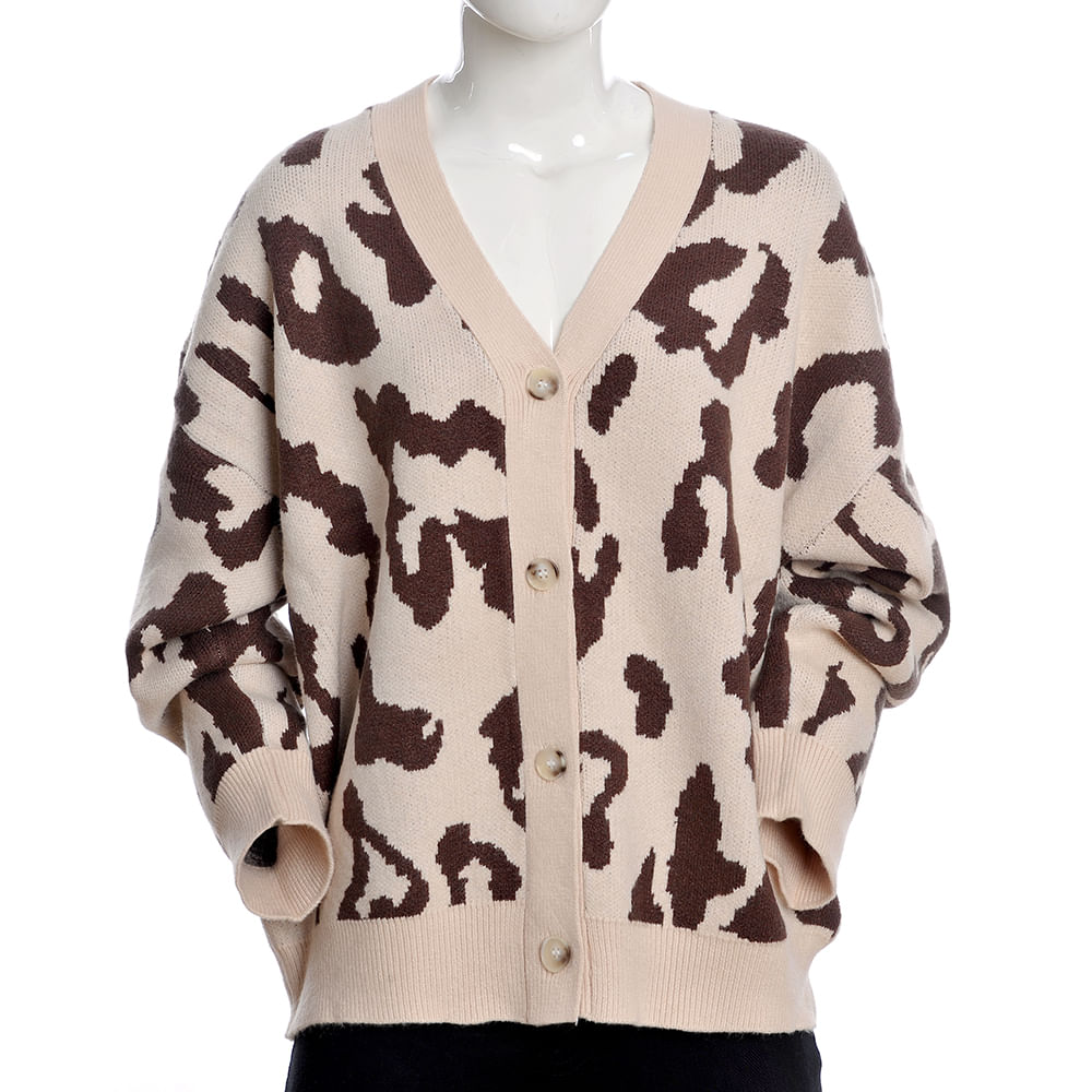 Pulover bej cu model animal print