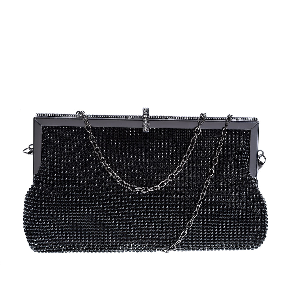 Clutch negru cu pietre acrilice si bareta din lant