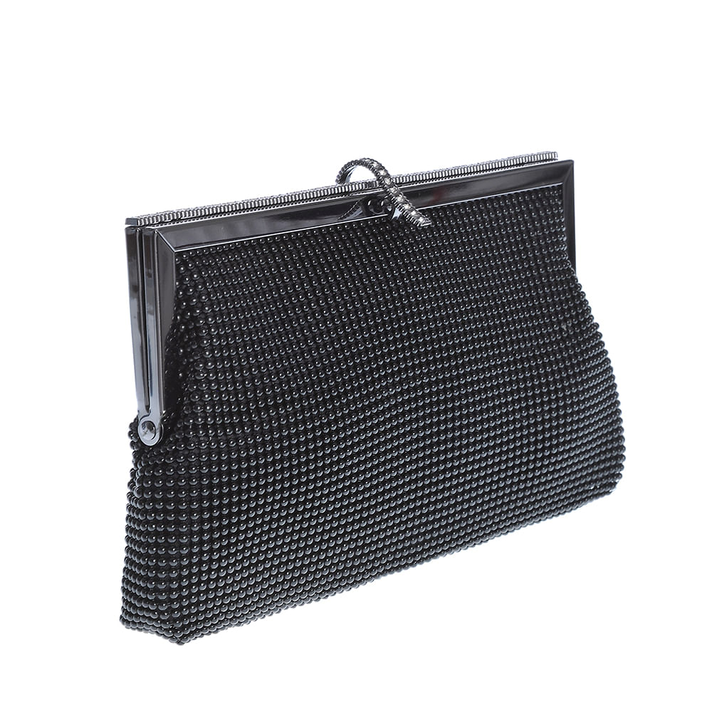 Clutch negru cu pietre acrilice si bareta din lant - 1 | YEO