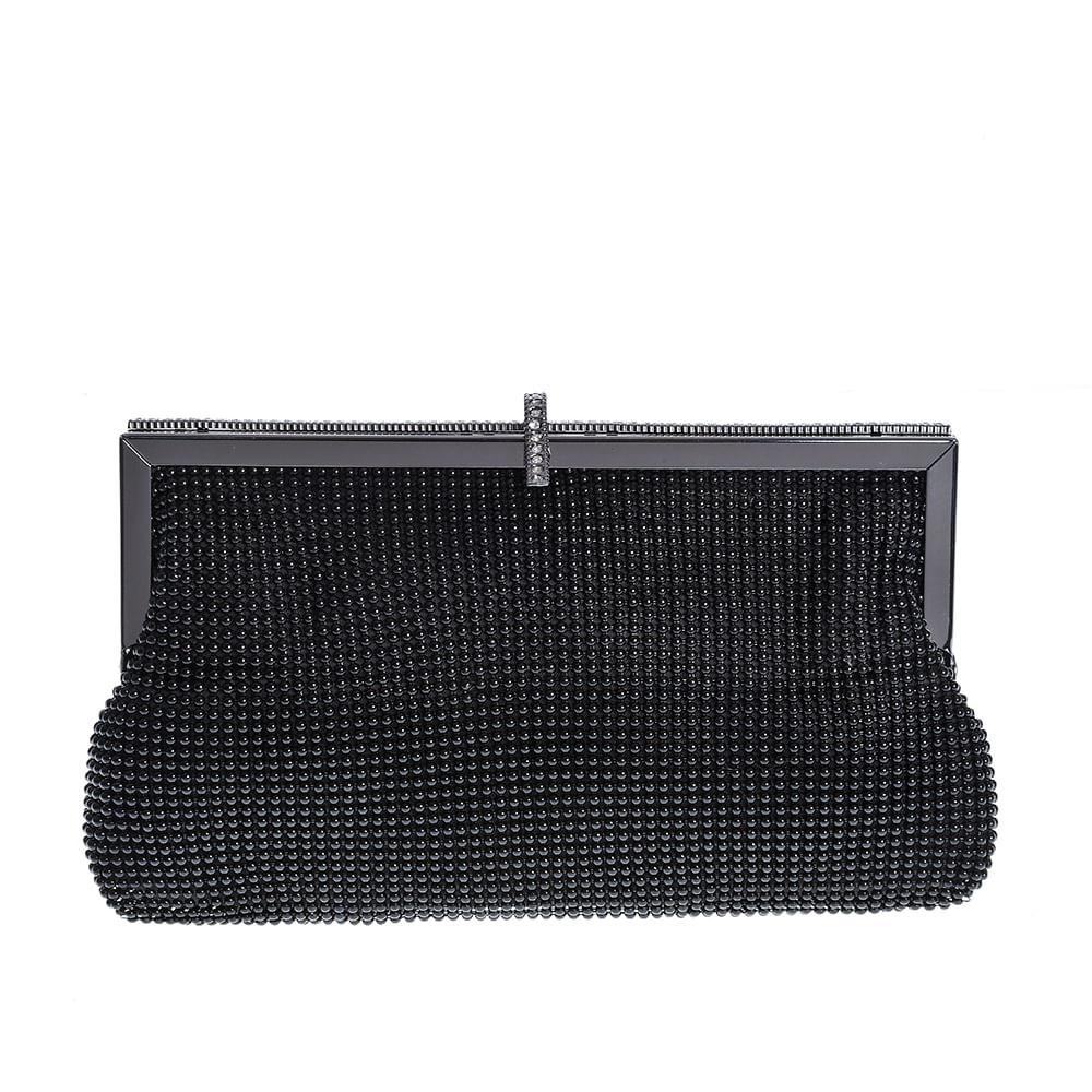 Clutch negru cu pietre acrilice si bareta din lant - 3 | YEO