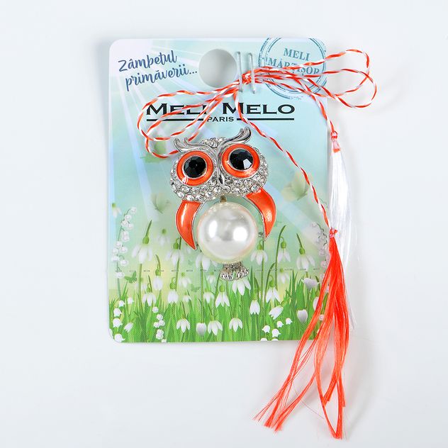 Brosa martisor bufnita cu perla alba