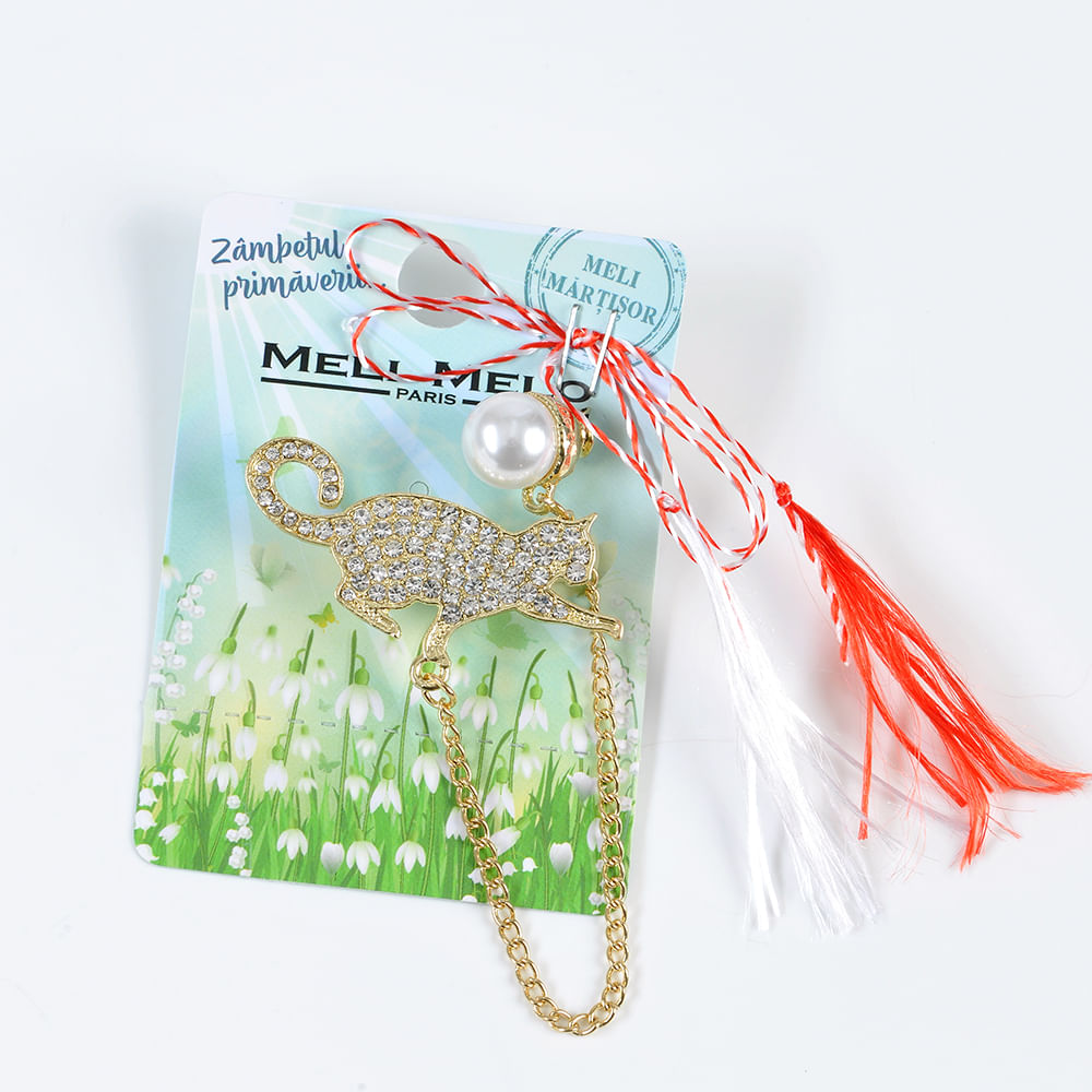 Brosa martisor pisica aurie cu pietre multicolore - 3 | YEO