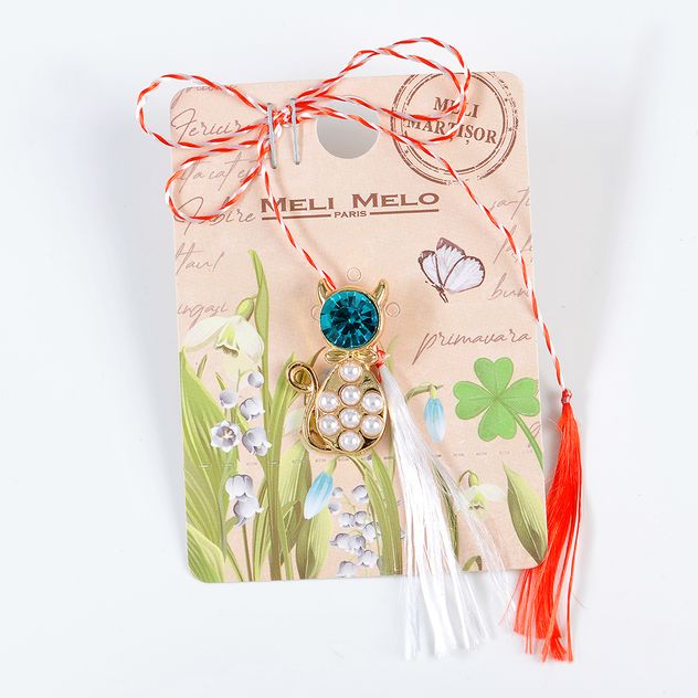 Brosa martisor pisica aurie cu perle