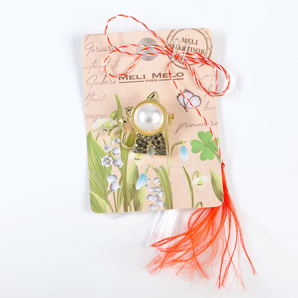 Brosa martisor pisica aurie cu perla - 3 | YEO