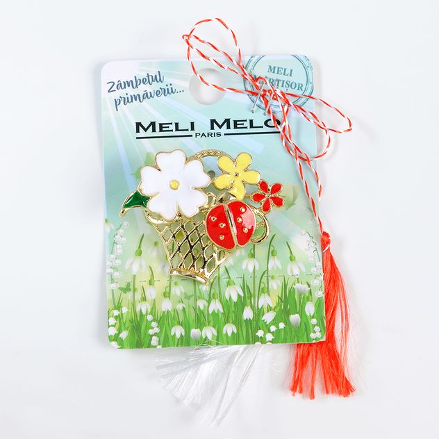 Brosa martisor cos auriu cu flori colorate