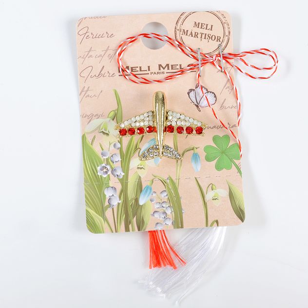 Brosa martisor avion auriu cu pietre rosii