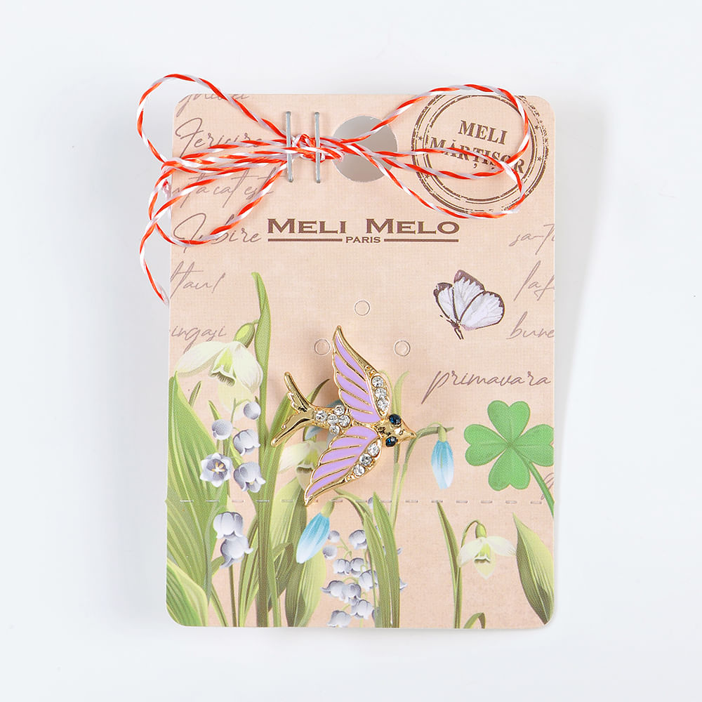 Brosa martisor pasare aurie cu aripi roz - 3 | YEO