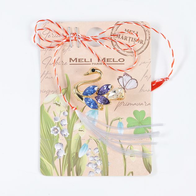 Brosa martisor lebada aurie cu pietre multicolore