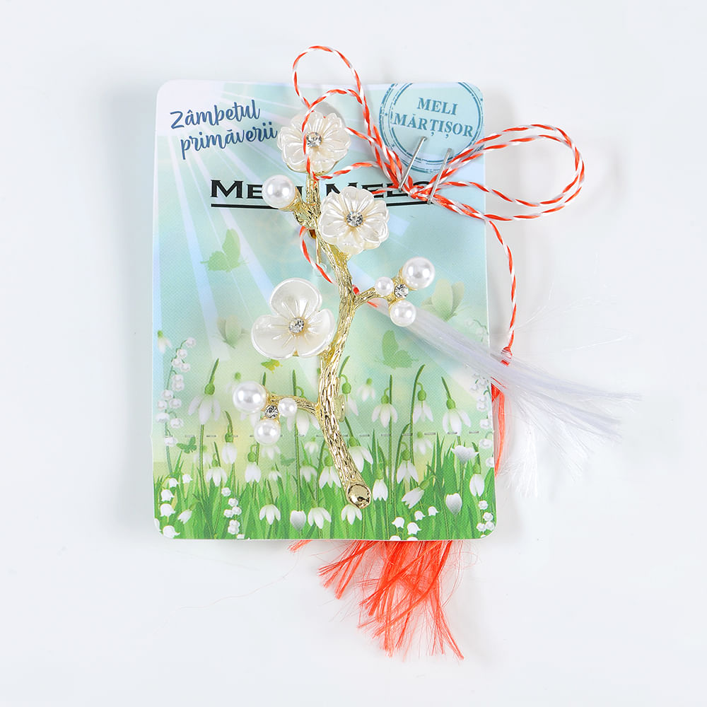 Brosa aurie martisor cu flori albe - 3 | YEO