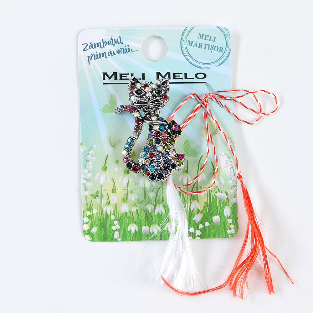 Brosa martisor pisica cu pietre multicolore - 3 | YEO