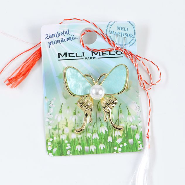 Brosa martisor fluture auriu cu perla