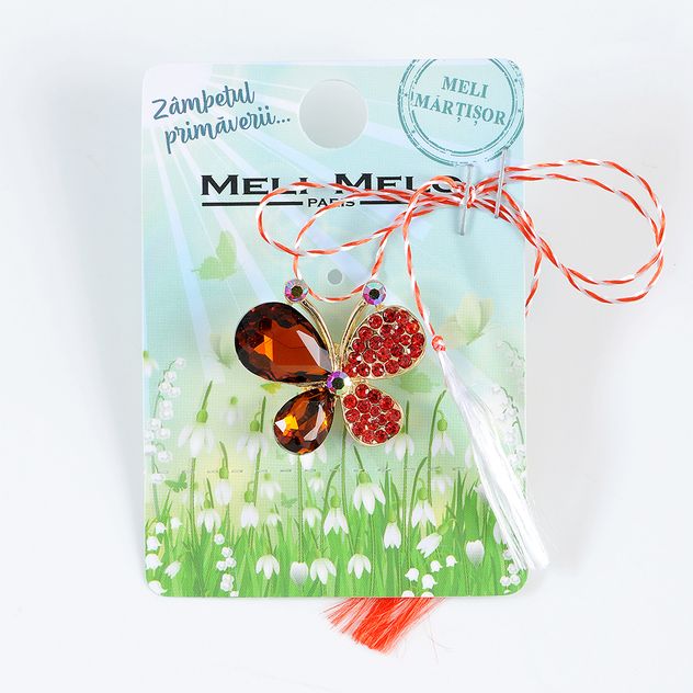 Brosa martisor fluture auriu cu pietre rosii