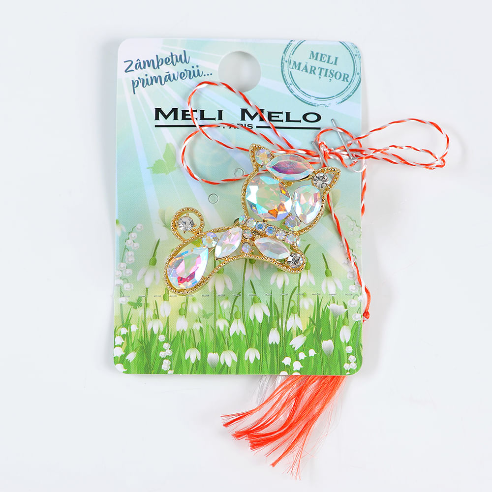 Brosa martisor pisica aurie cu pietre multicolore - 3 | YEO