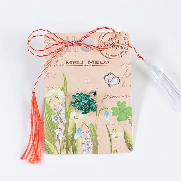 Brosa martisor lebada argintie cu pietre verzi