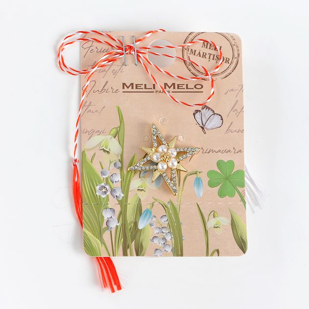 Brosa martisor stea aurie cu perle albe