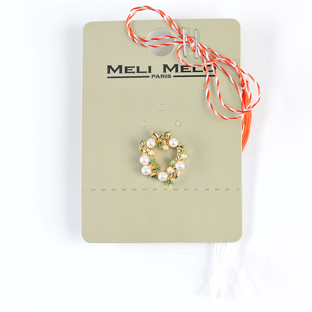 Brosa martisor coronita cu perle si pietre verzi - 3 | YEO