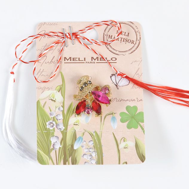 Brosa martisor cos auriu cu flori fucsia