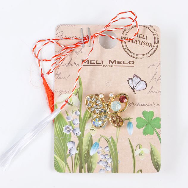 Brosa martisor fluture auriu cu perle mici
