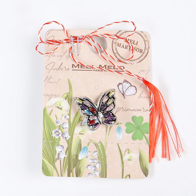 Brosa martisor fluture argintiu cu aripi multicolore