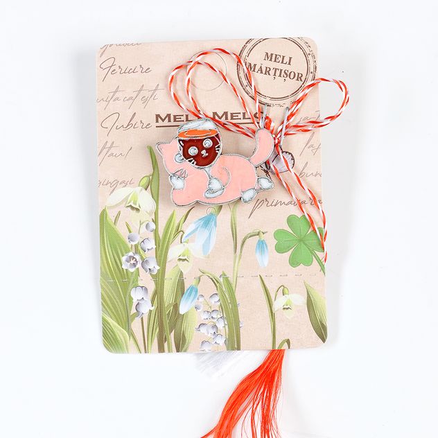 Brosa martisor pisica cu pahar de vin