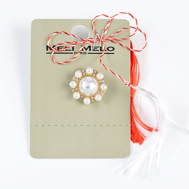 Brosa martisor rotunda cu perle albe