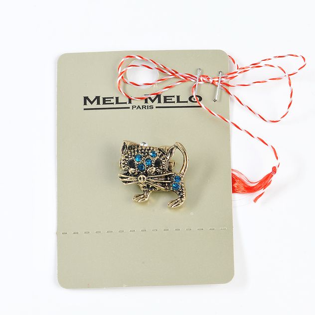 Brosa martisor pisica cu pietre albastre