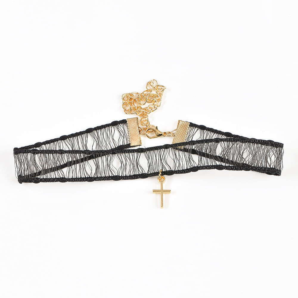 Choker negru cu cruce aurie - 2 | YEO