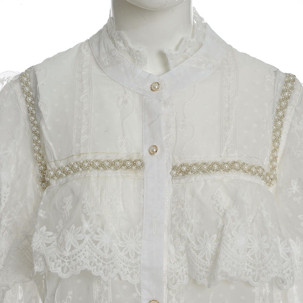 Camasa alba cu dantela si model floral - 1 | YEO