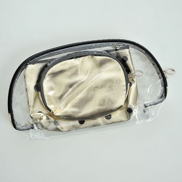 Geanta cosmetica aurie cu buline negre