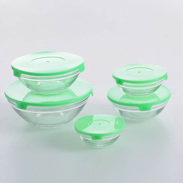 Set 5 caserole alimentare din sticla cu capac verde