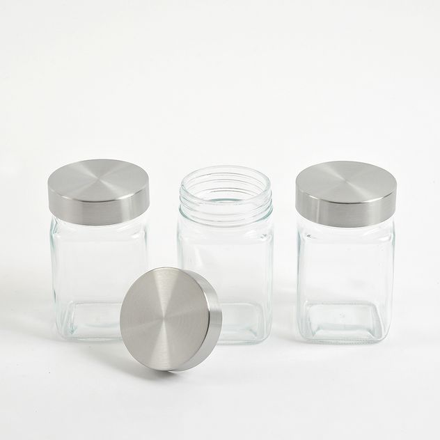 Set 3 mini borcane din sticla cu capace din inox