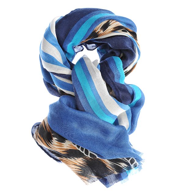 Esarfa albastra cu dungi si imprimeu abstract in tonuri naturale 90x180 cm