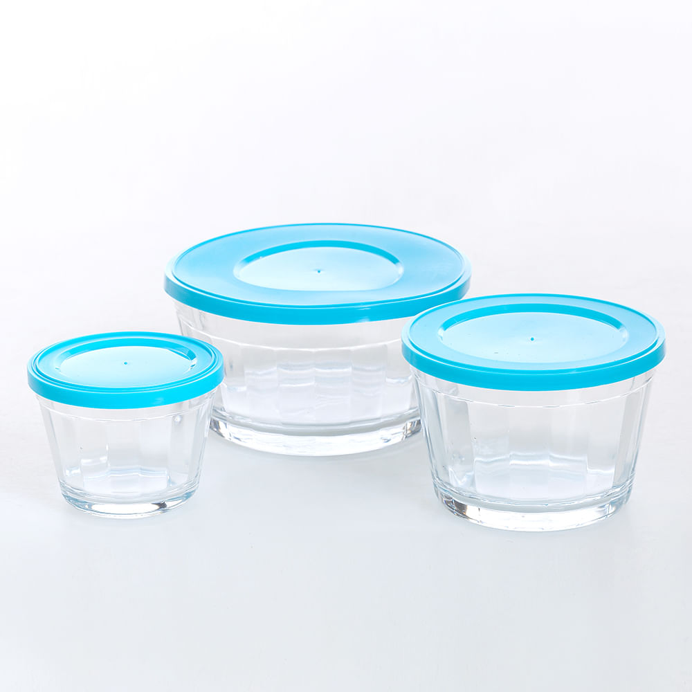 Set 3 caserole din sticla cu capac albastru