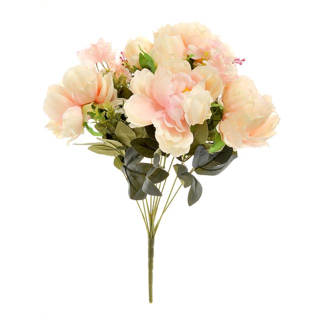 Buchet artificial cu bujori roz si frunze verzi