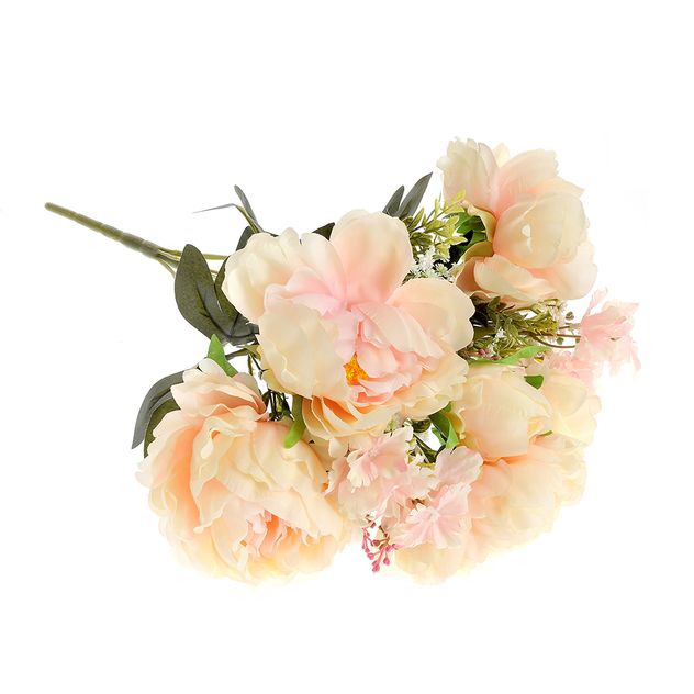 Buchet artificial cu bujori roz si frunze verzi