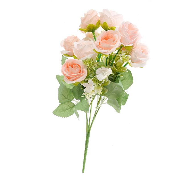 Buchet artificial cu trandafiri roz si flori albe decorative