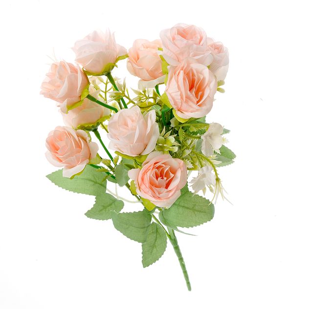 Buchet artificial cu trandafiri roz si flori albe decorative
