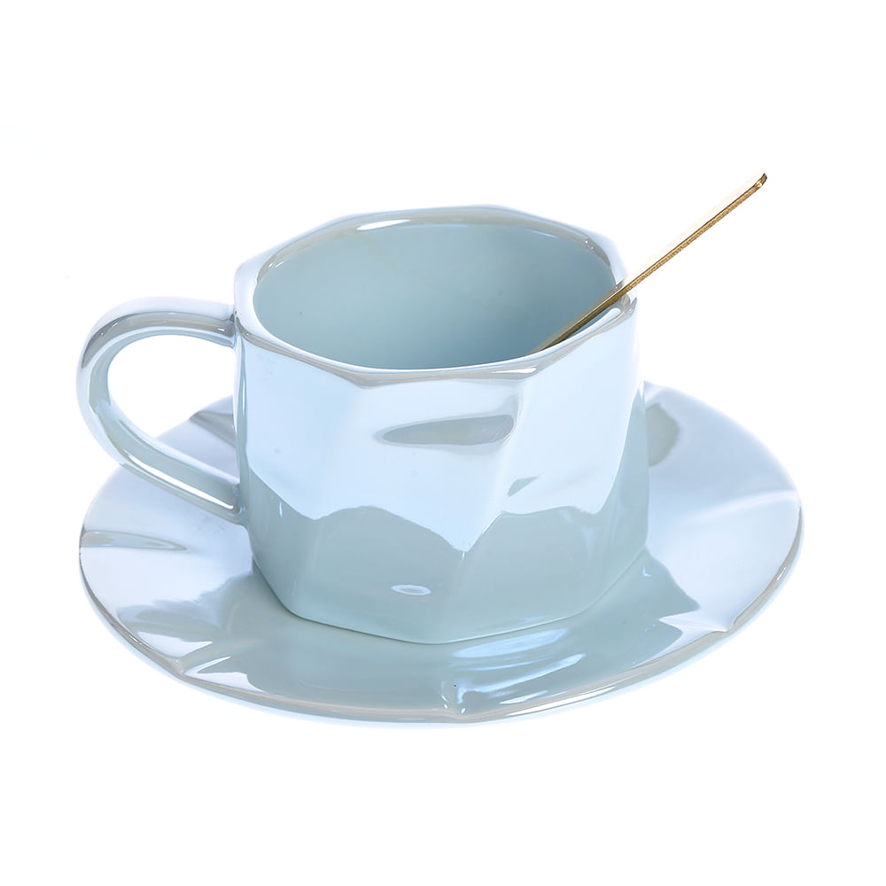 Cana bleu cu farfurie si lingurita