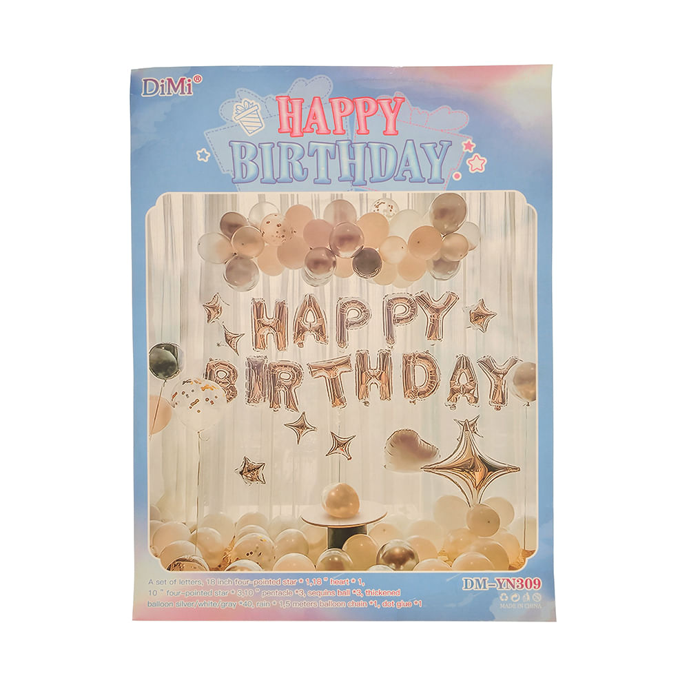 Set Happy Birthday cu baloane in forma de inima si stele