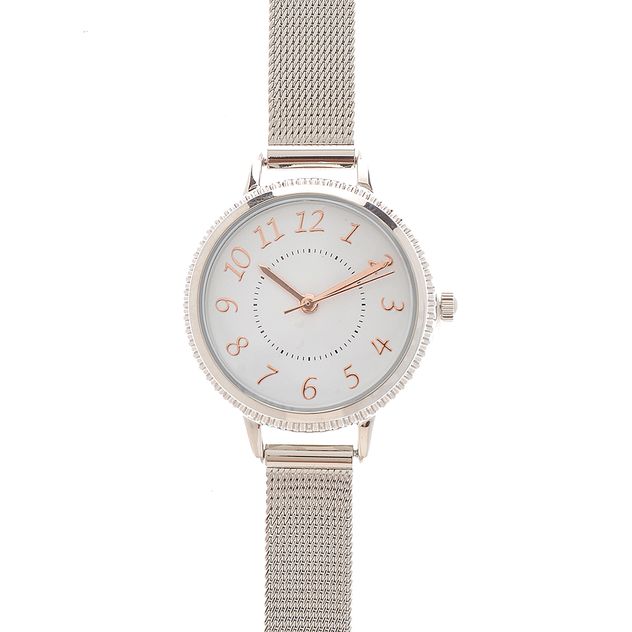 Ceas de mana cu bratara tip plasa si detalii rose gold