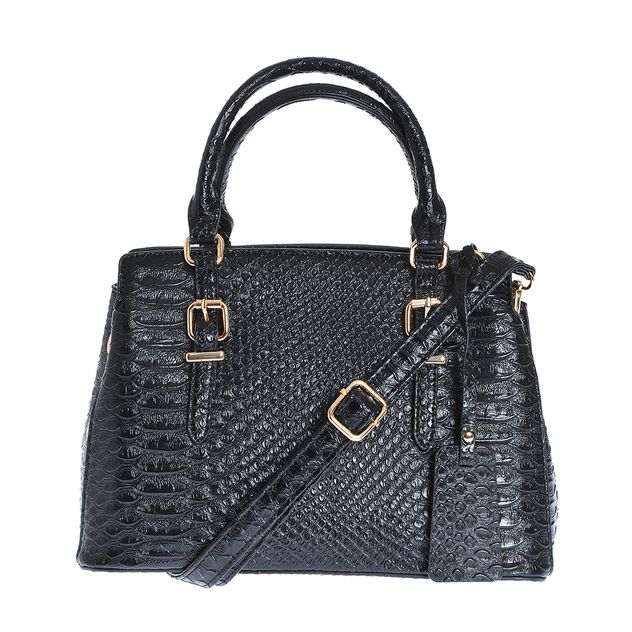 Geanta neagra cu manere fixe si aspect piele de sarpe